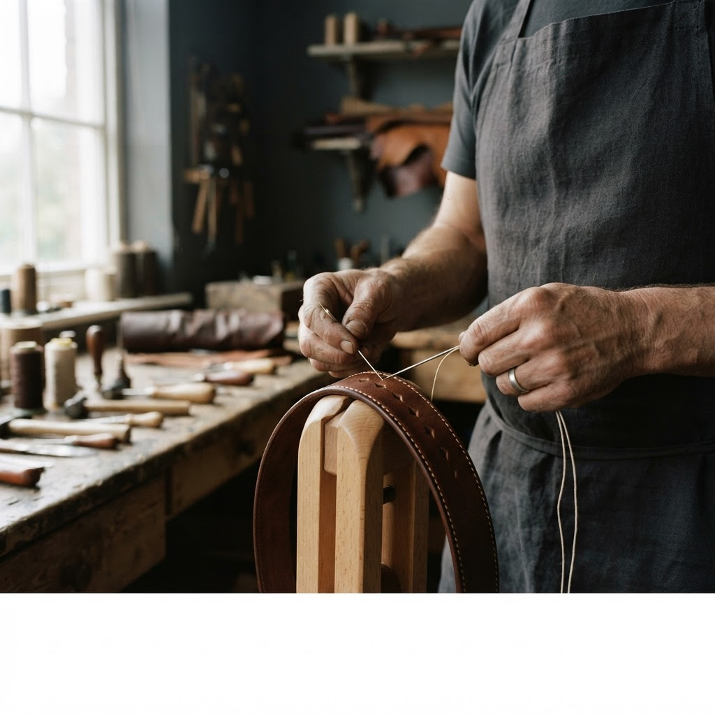 An artisan working fine leather by hand in the ELMOURE atelier