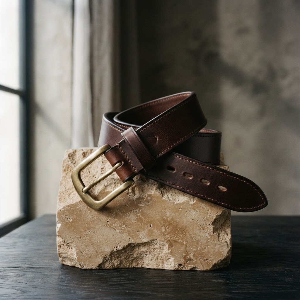 Handcrafted leather belt from the ELMOURE collection in soft natural light